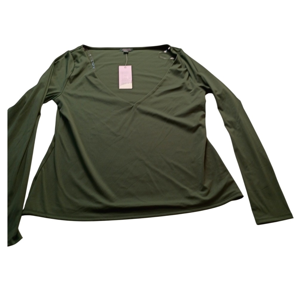 Wild Fable Top Women's Deep V-Neck Long Sleeve Shirt XXL Dark Green Casual